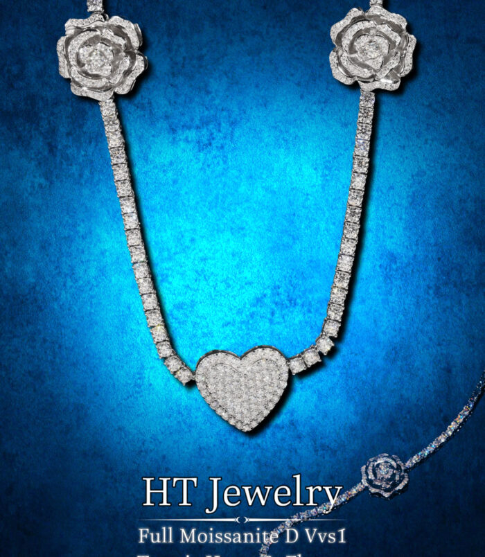 Dây chuyền Tennis kết hợp trái tim và bông hoa đính Full Moissanite Bạc s925