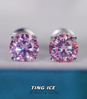 Bông tai nụ bạc S925 đính đá Hồng Pink Moissanite 6.5mm
