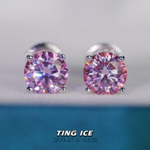 Bông tai nụ Bạc S925 đính Moissanite PINK / Hồng 57 giác cắt